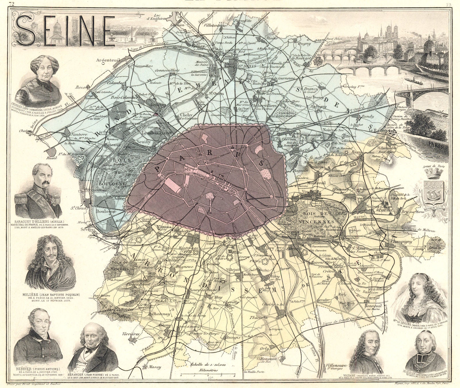 SEINE. Seine département. Paris.  Paris vignette. Vuillemin 1903 old map